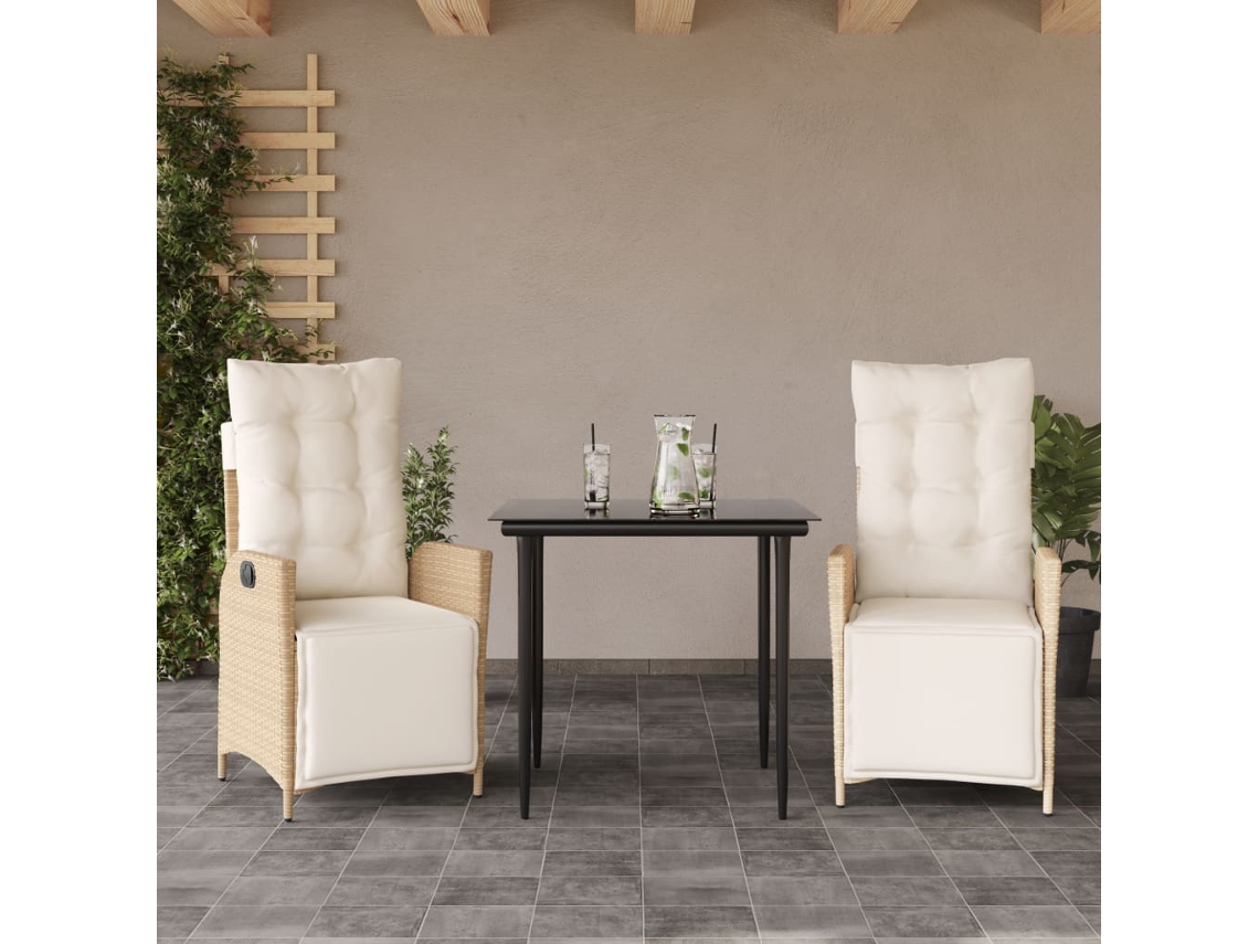3 Pcs Conjunto De Jantar P/ Jardim Com Almofadões Vime Pe Bege Dkd Home Decor