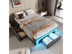 Estrutura De Cama 90x200cm Pu, Gavetas, Fita Led, Ripas Metálicas. Quarto Moderno Cinza. Sem Cabeceira.-op