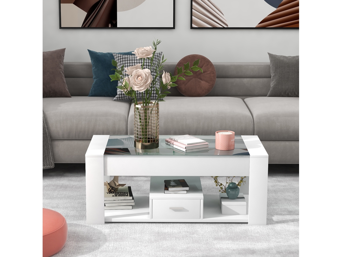 Mesa De Centro Com Uma Gaveta Tampo Em Vidro Branco Estilo