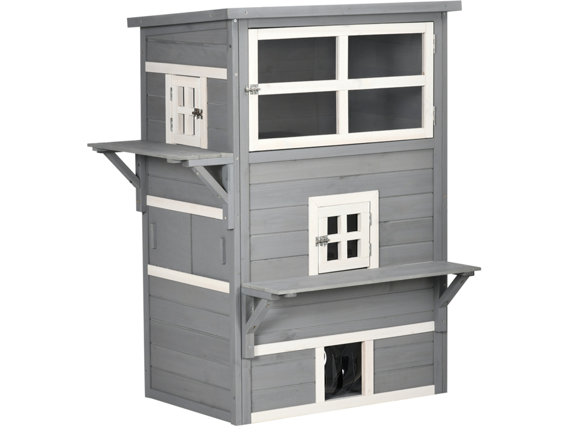 Casa para Gatos em Madeira 3 Andares com Entradas Janelas e 2 Plataformas 98x68,5x122cm Cinza E TOWN COMMERCE GMBH