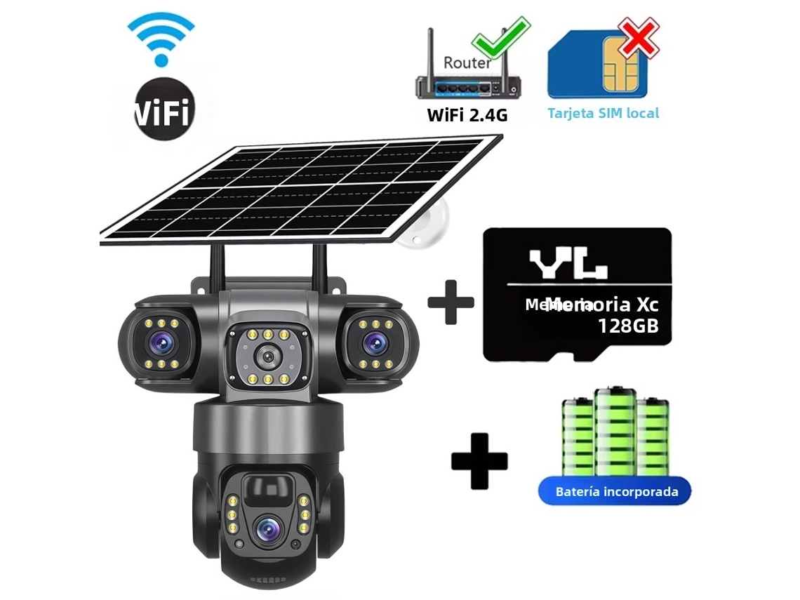 Câmera de Segurança, 3 Lentes, Wi fi, Energia Solar, Visão Noturna Hd, Alarme. MDUG (cartão de 128 Gb)