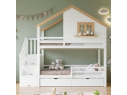 Beliche Infantil 90x200 - Casinha Com Janela, Escadas Com Arrumação, Espaço Debaixo Do Colchão - Branco+natural