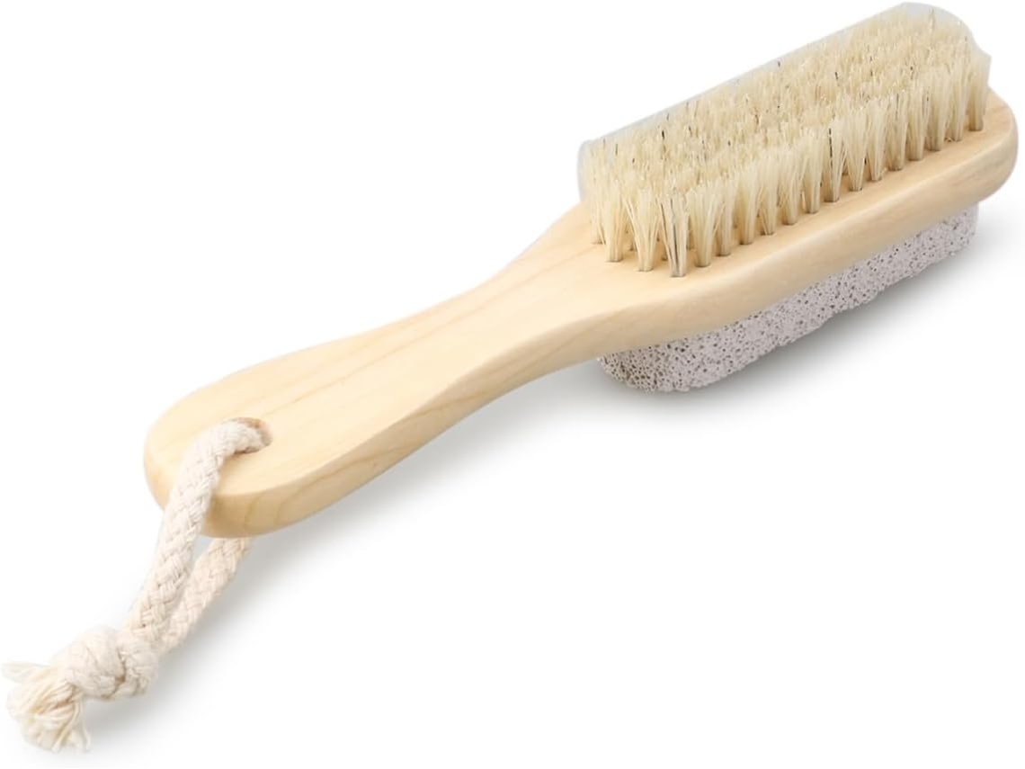 Escova Esfoliante De Madeira Natural Com Cabo Cerdas Javali E Pedra Limpeza Suave Massagem Para Pele Seca Calosidades