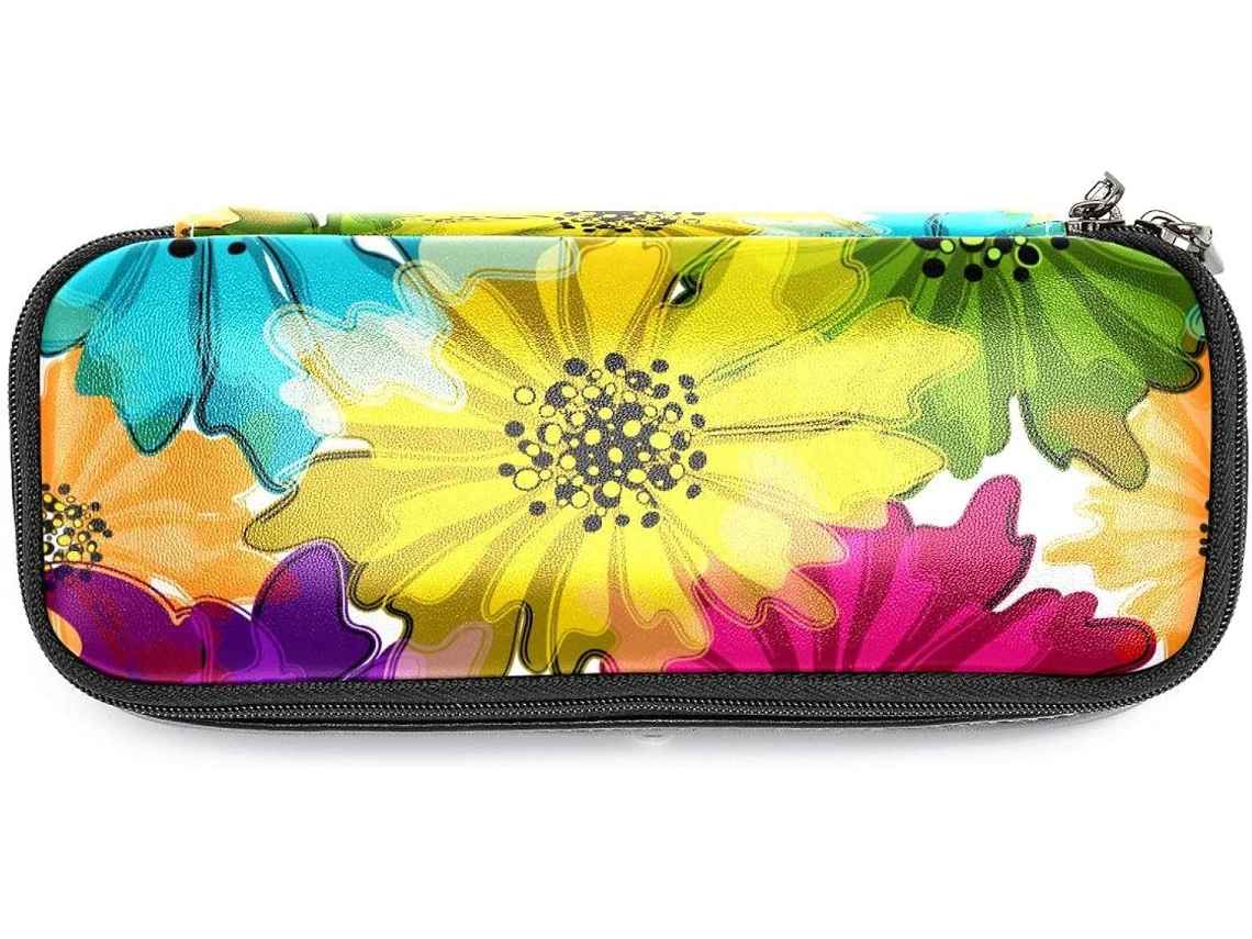 Organizador de grande capacidade com estampa floral para lápis, marcadores e maquiagem. Ideal para escola e mesa.