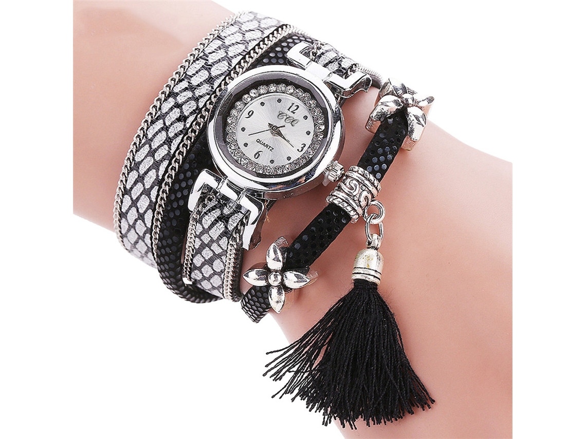 Relógio Pulseira Feminino de Quartzo com Camadas Múltiplas e Pedras Preciosas (preto)