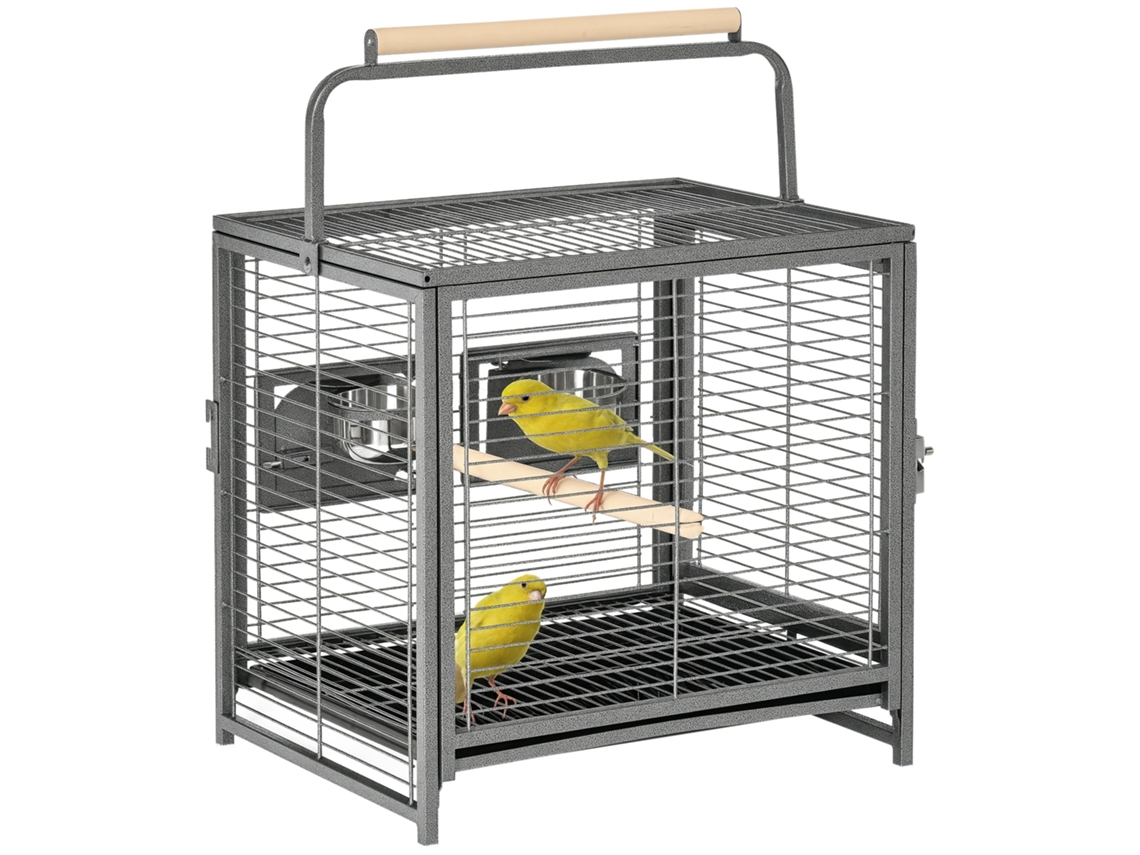Gaiola Portátil para Pássaros com 2 Poleiros de Madeira, 2 Comedouros e Bandeja Removível 48x38x47,8 Cm Preto Ge