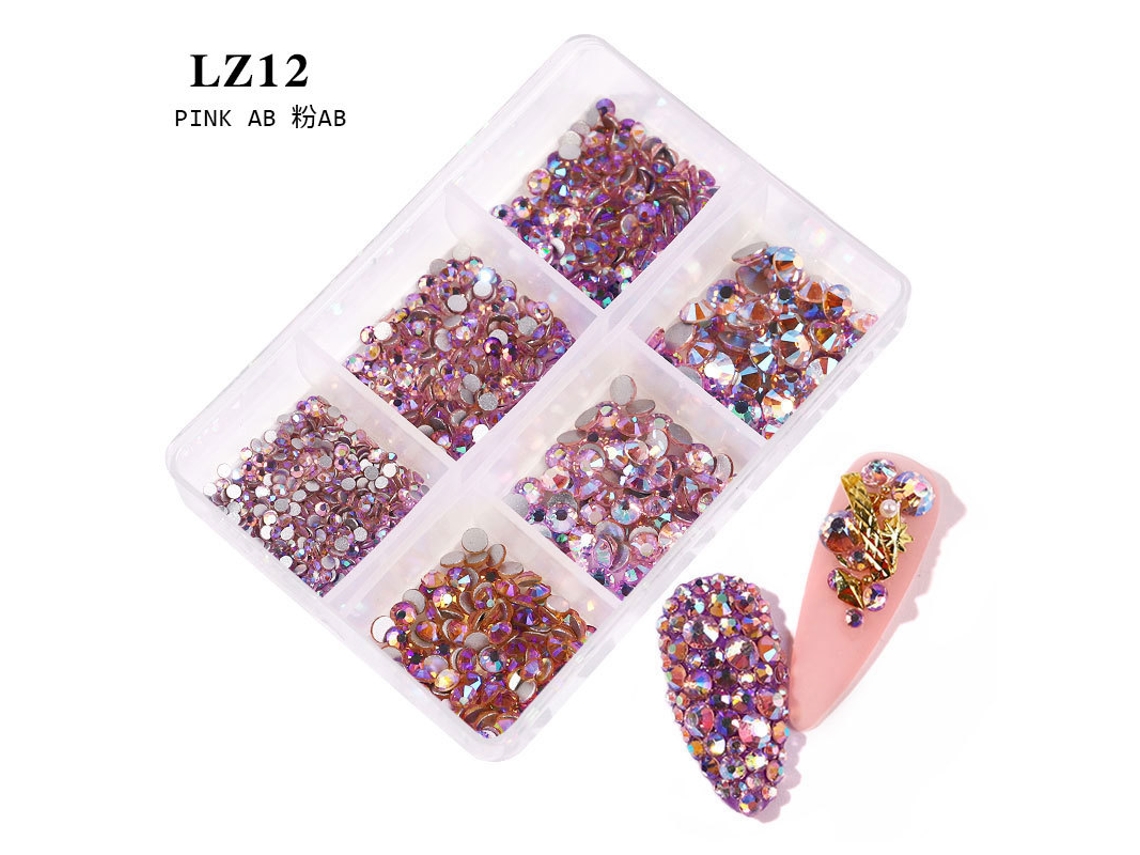 Kit De Acessórios Para Nail Art Com Strass De Base Plana (3 Caixas)caixa Com 6 Compartimentos Contendo Strass, 12 Strass Rosa Claro Ab