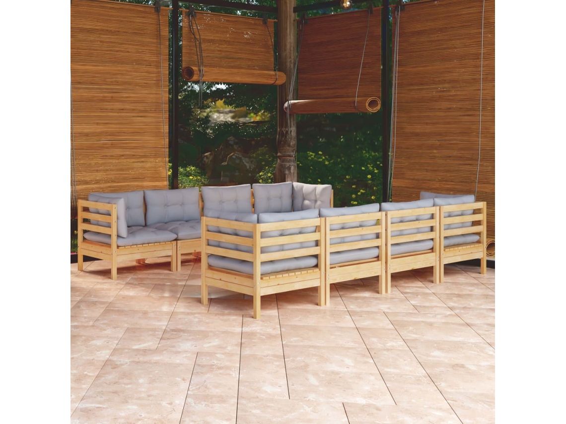 Vidaxl 9 Pcs Conjunto Lounge De Jardim + Almofadões Cinza Pinho Maciço