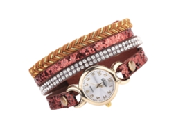 Relógio de Pulso Feminino Fashion com Pulseira de Couro Pu e Strass Quartzo Marrom