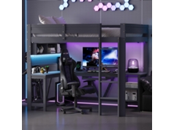 Cama De Gaming 90x200cm Madeira Cinza Com Mesa Prateleiras Led E Carregamento