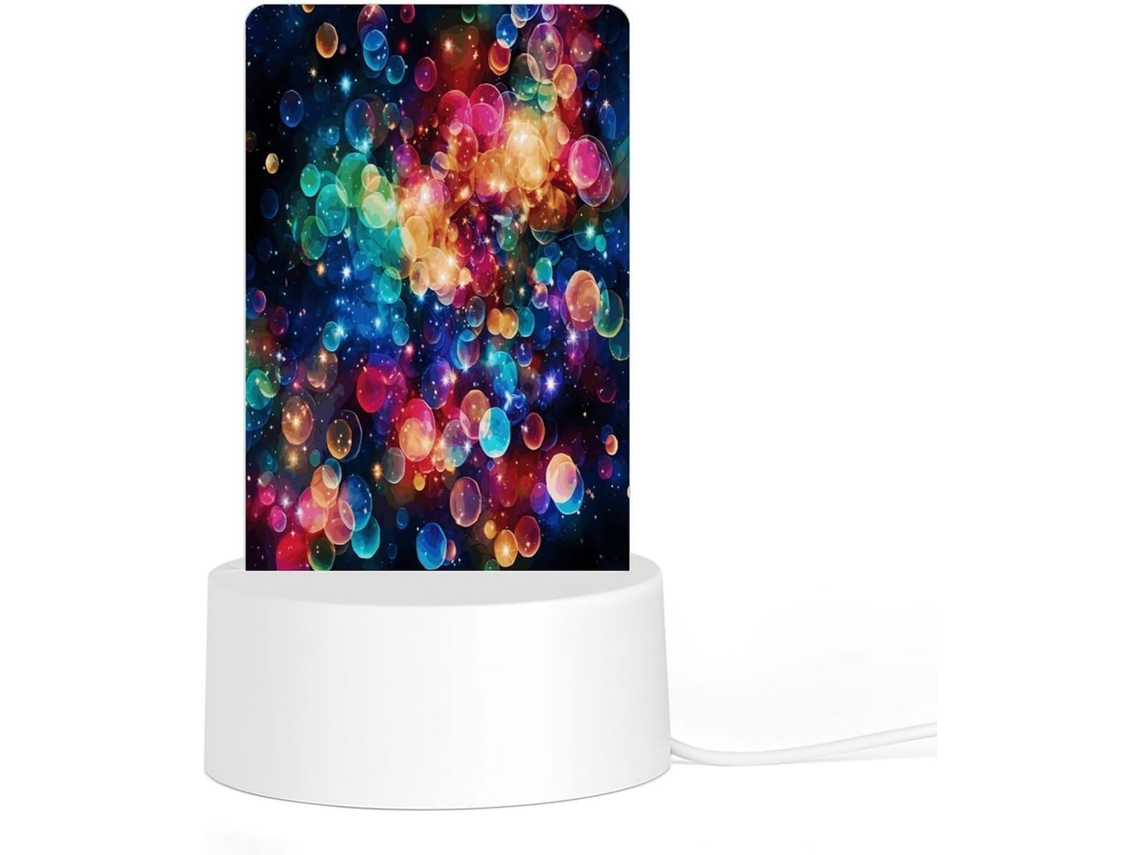 Luminária noturna de LED em acrílico com base e plugue de plástico reutilizáveis, colorida com estampa de estrela em arco.