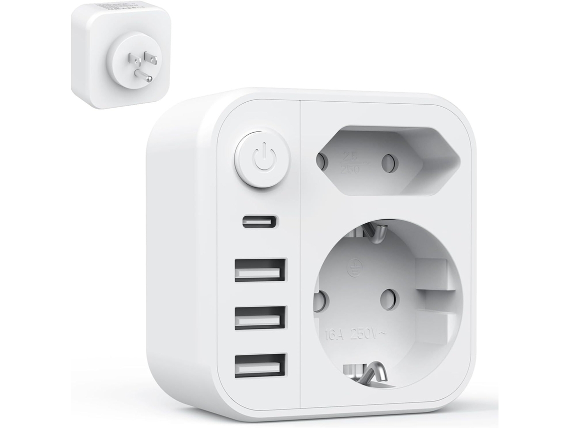Régua De Tomadas 6 Em 1, Com 2 Portas Usb, A E Usb, C, Tomada De Parede Com Interruptor(4000w/16a) E Plugue Duplo