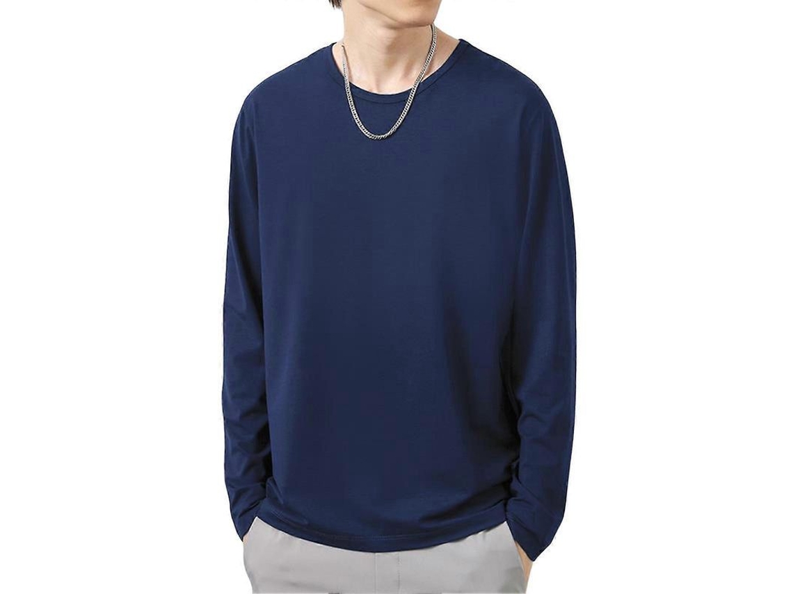 Camiseta Casual Masculina De Poliéster Com Manga Longa, Estilo Slim E Cores Solidas, Ideal Para Outono E Inverno Azul Marinho