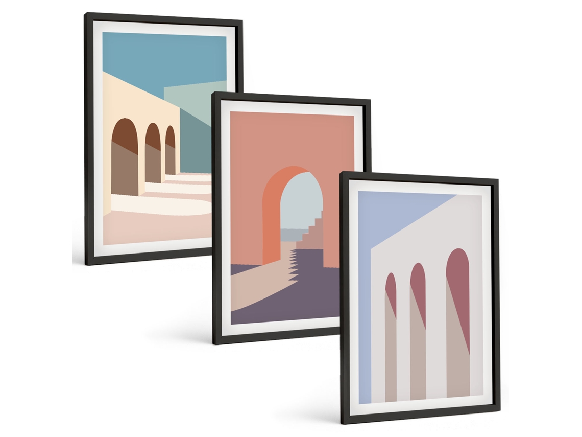 Composição De Quadros Gráficos Arquitetônicos Em Tons Pastel Moldura Preta Quadros Para A Sala De Estar Espelharte (3 Piezas De 40x60 Cm)