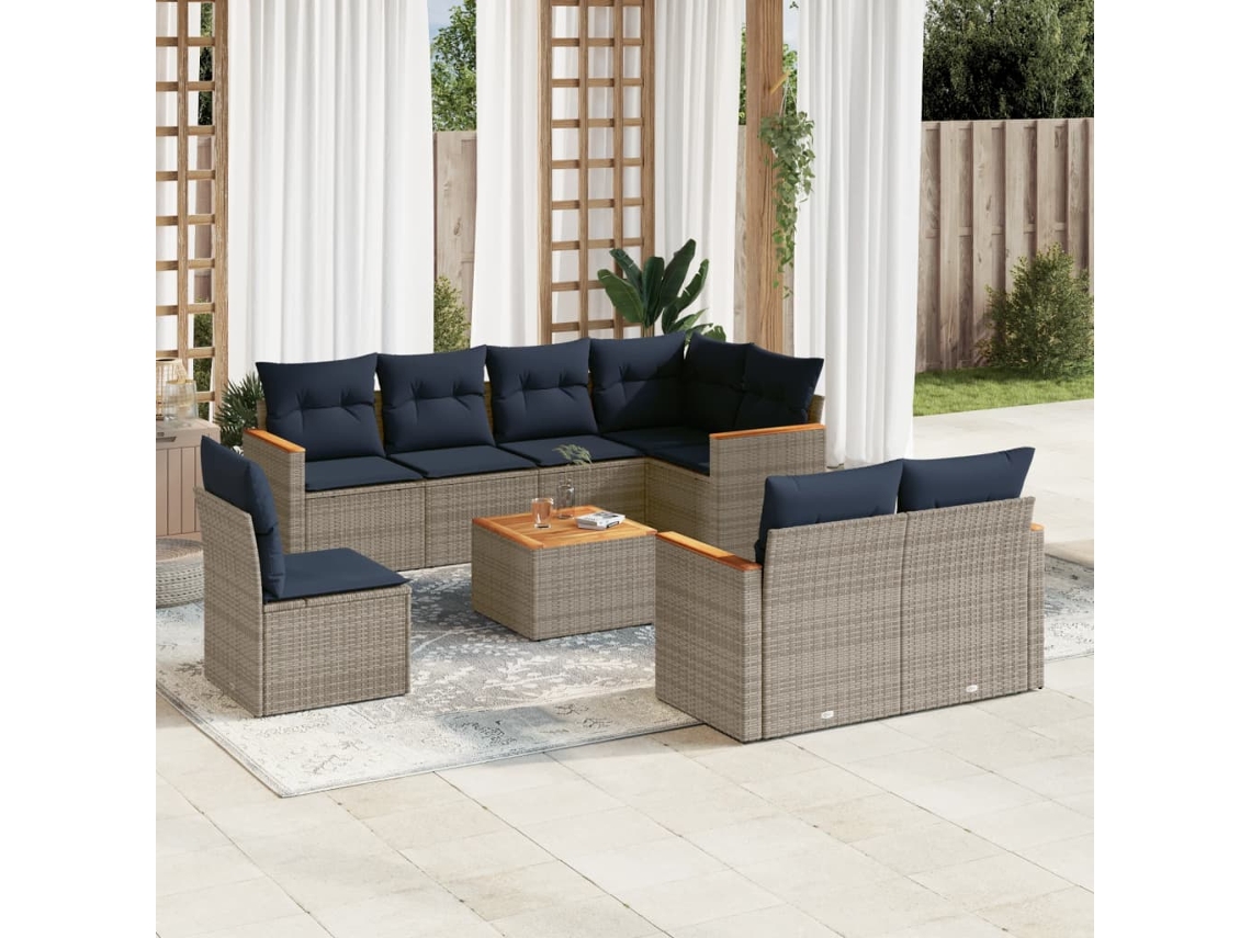 Vidaxl Conjunto De Sofá De Jardim De 9 Peças Com Almofadas Em Rattan Sintético Cinza