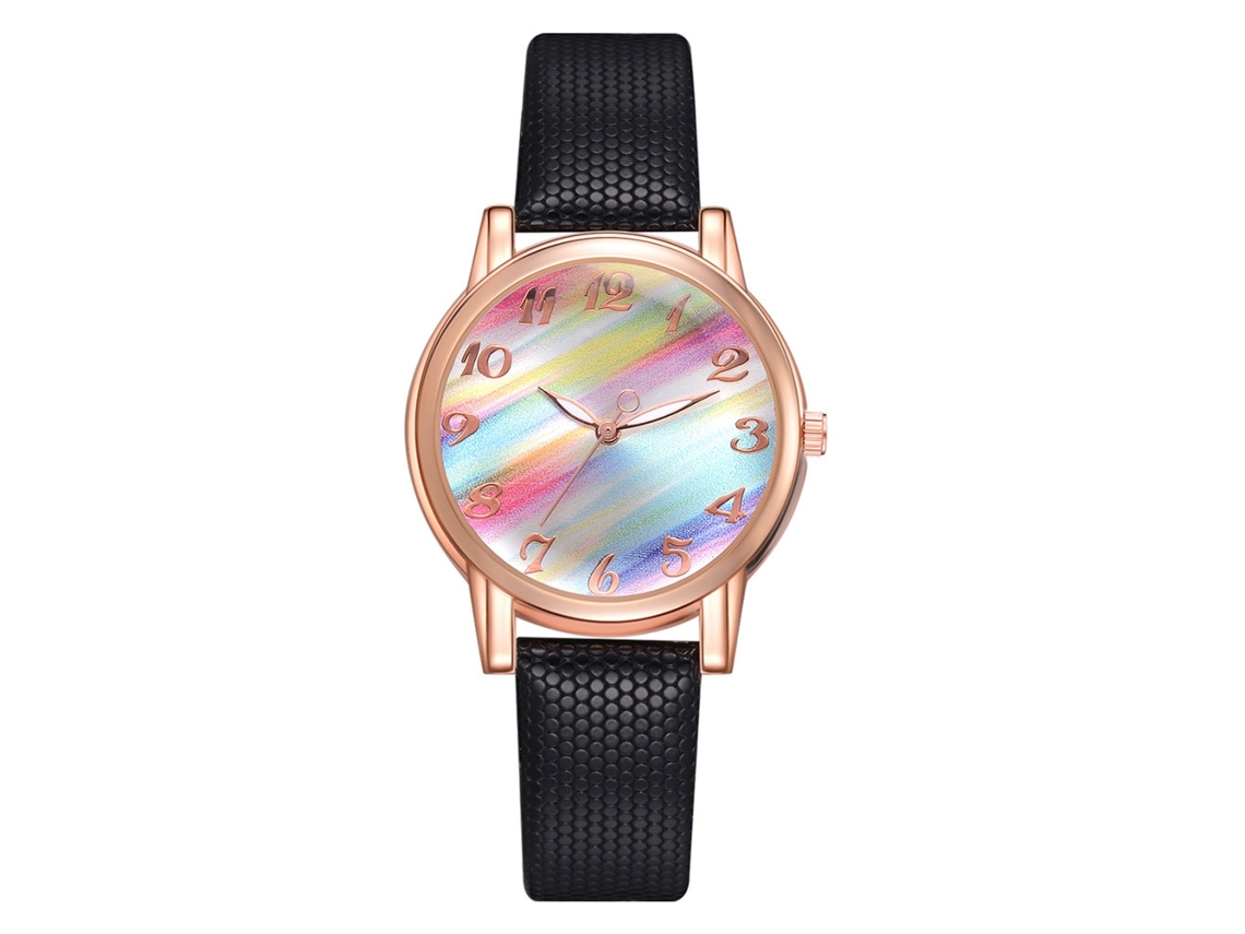 Relógio de Pulso Feminino Elegante com Mostrador Arco íris Degradê Pulseira de Couro Pu