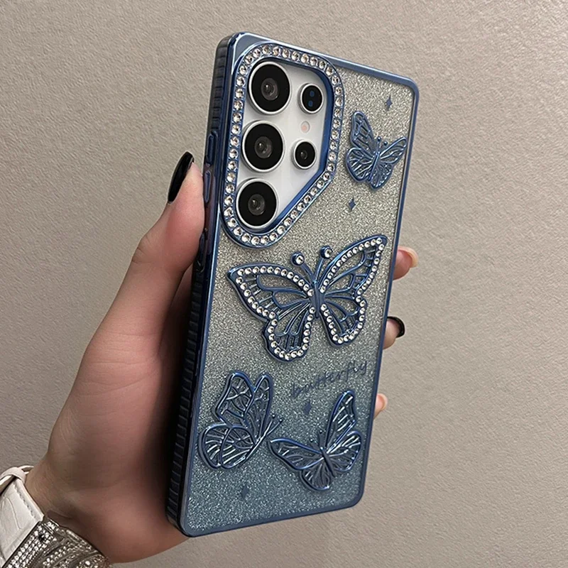 Capa Para Celular Borboleta (azul S24 Ultra), Feita De Silicone Tpu Macio E Transparente.