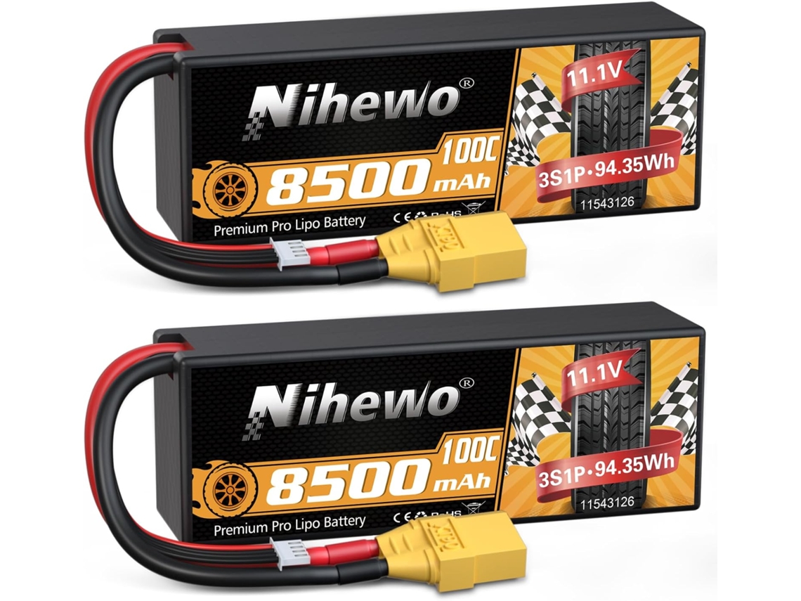 Bateria LiPo 3S 8500mAh 11.1V, 100C, com caixa rígida e conector XT90, compatível com modelos RC nas escalas 1/8 e 1/10.