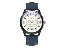 Relógio de pulso masculino com pulseira de PU, movimento de quartzo e mostrador redondo azul.