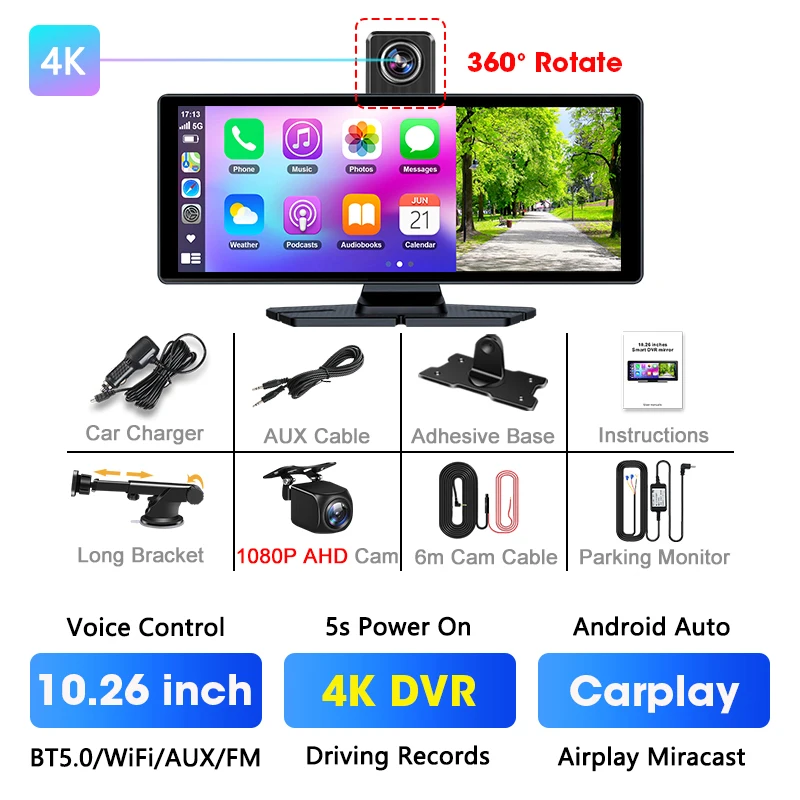 (dvr 6m-pb) Câmera Veicular De 10,26 Polegadas, Lente Dupla 4k, Compatível Com Carplay