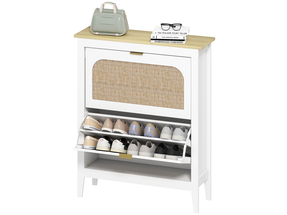 Sapateira Estreita Com 2 Portas Em Vime E Prateleiras Ajustáveis Para 14 Pares De 105x24x95,5 Cm Branco