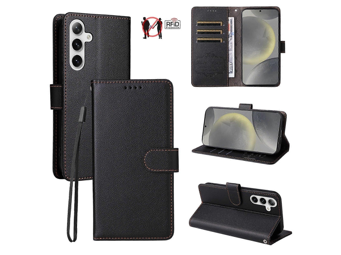 Capa De Couro Para Celular Com Bloqueio Rfid E Textura De Lichia Para 3 Cartões