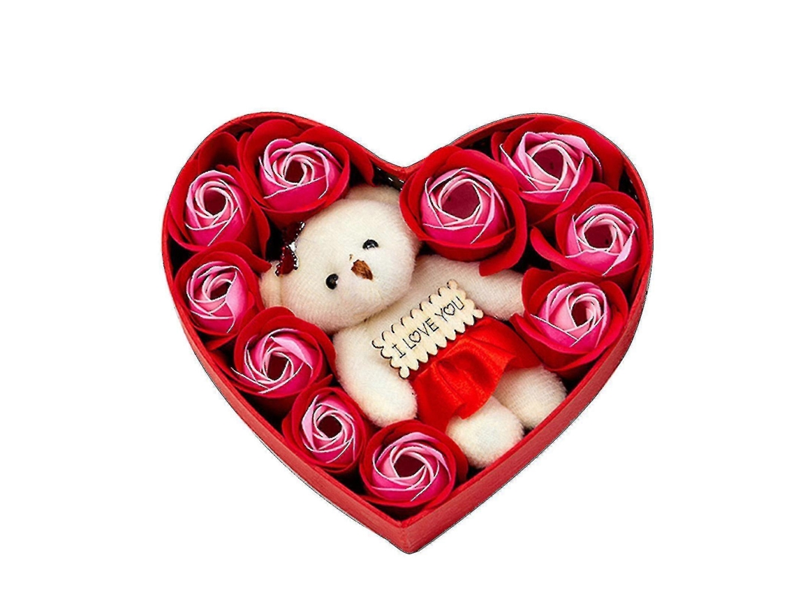 Caixa de sabonete Rebe Floral em formato de coração com 10 rosas e buquê de urso, presente de aniversário, Dia das Mães, decoração de casamento, vermelha
