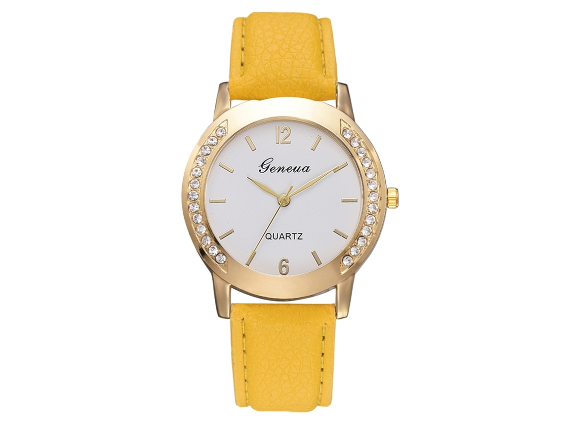 Relógio Feminino de Pulso Quartzo Pulseira Pu com Pedras Preciosas Design Elegante Amarelo