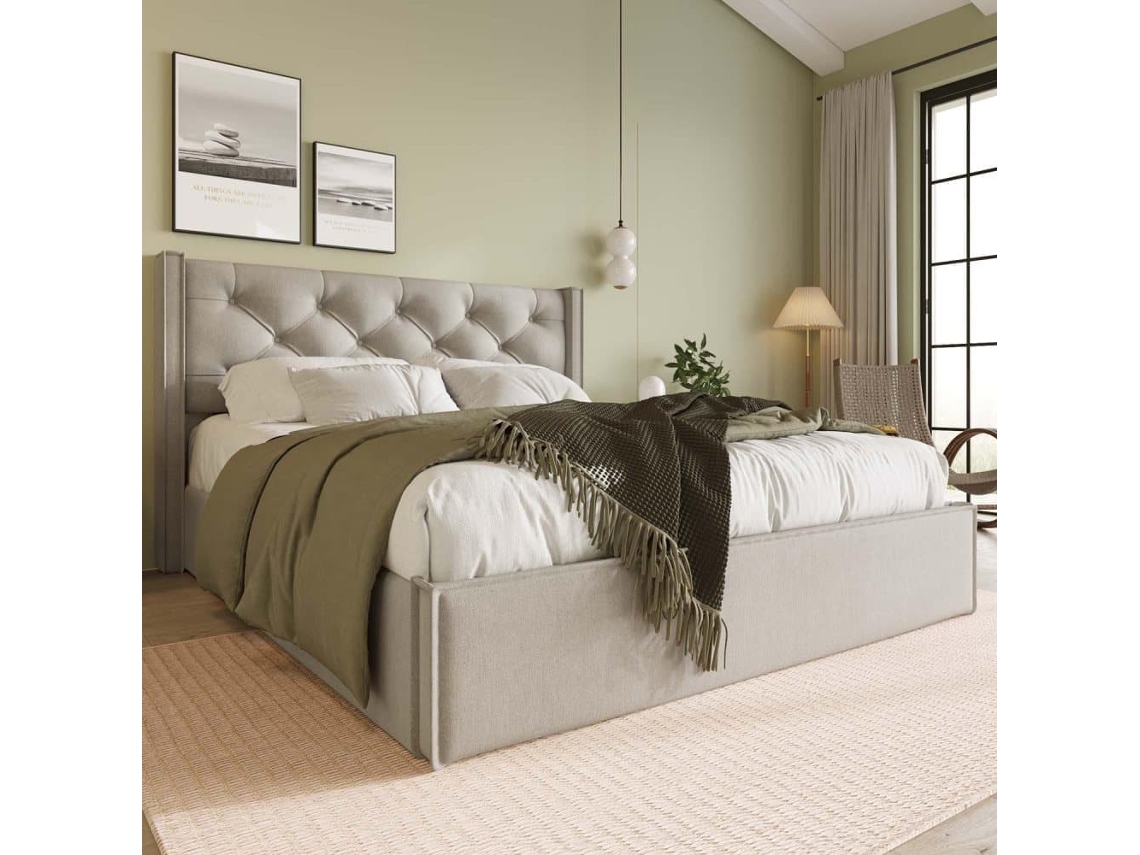 Cama Com Arrumação Estofada 140x200 Cm Em Tecido De Algodão - Com Estrado De Ripas - Cinzento Claro