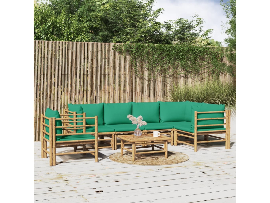 Vidaxl 7 Pcs Conjunto Lounge De Jardim Bambu C/ Almofadões Verdes