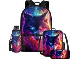 Conjunto De 4 Mochilas E Lancheira Com Porta-garrafa Estojo, Wolf Fire, Tamanho Único, Mochila