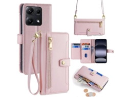 Capa De Couro Com Zíper E Bolso Tipo Carteira Para Xiaomi Redmi Note 14s 4g Com 2 Alças Rosa