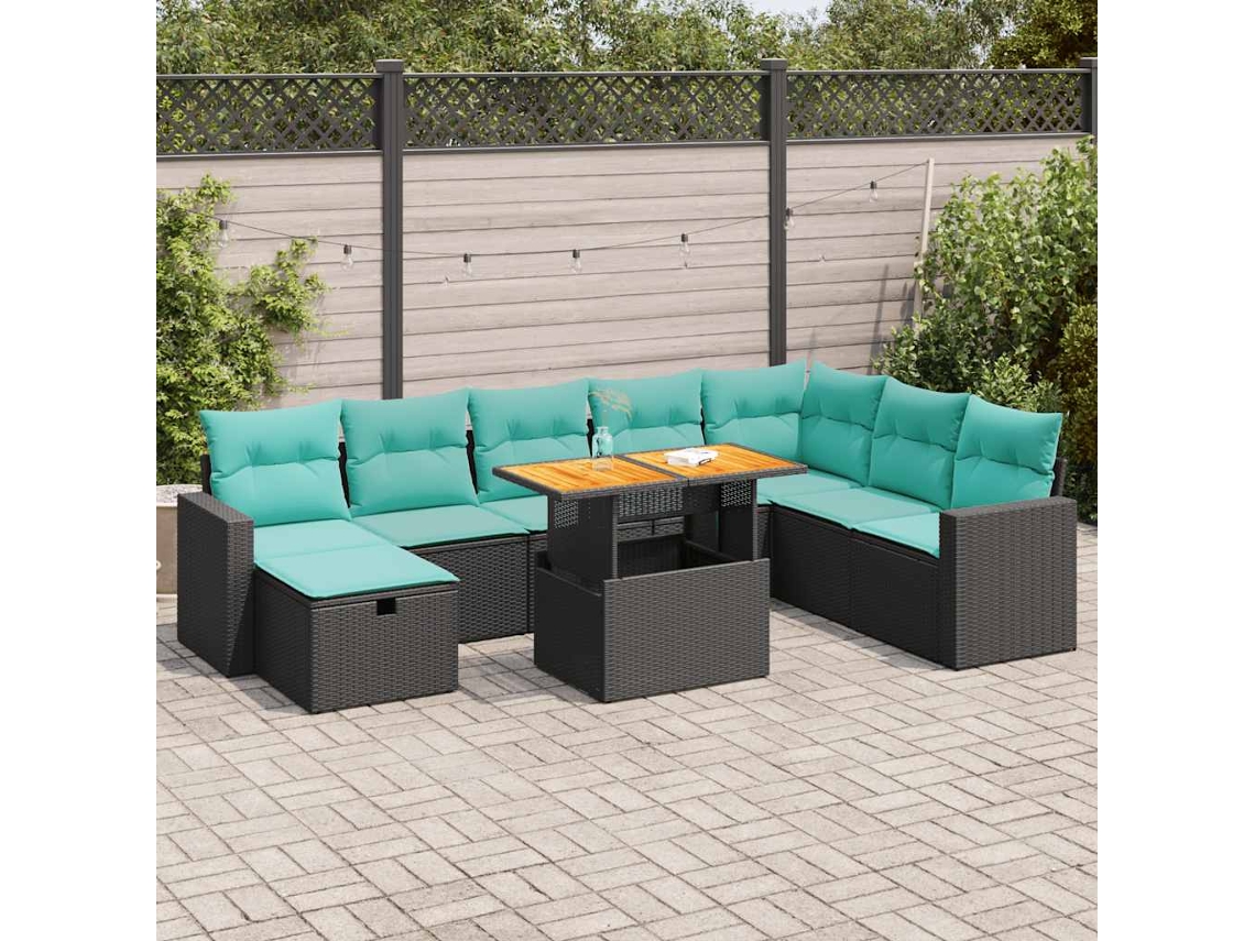 Vidaxl 9 Pcs Conjunto Sofás P/ Jardim Almofadões Vime Pe/acácia Preto