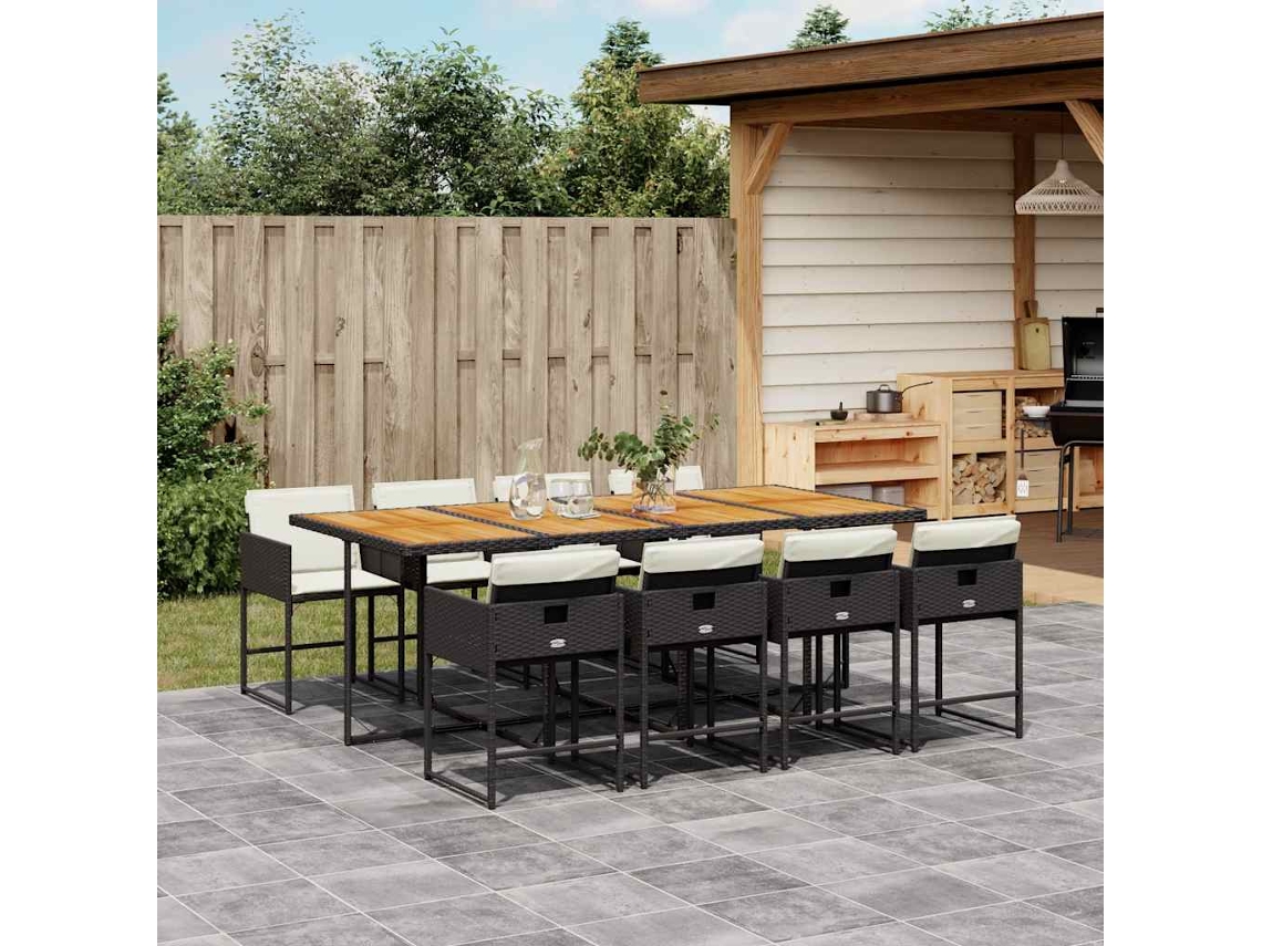 Vidaxl 9 Pcs Conjunto De Jantar P/ Jardim C/ Almofadões Vime Pe Preto