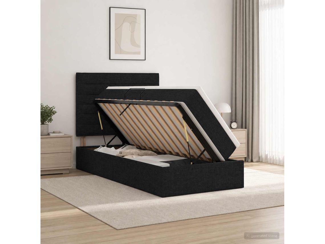 Vidaxl Cama Com Arrumação E Colchão Preto 90 X 190 Cm Tecido