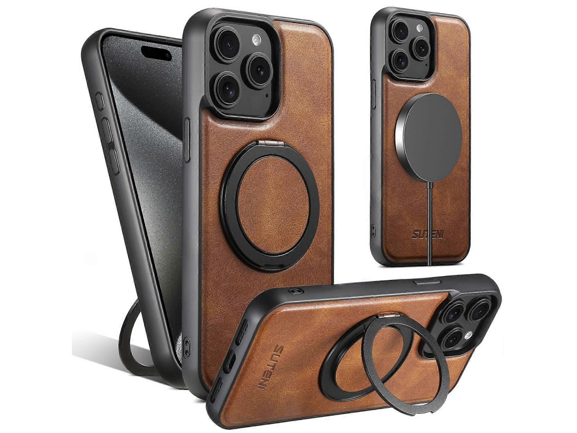 Capa Traseira De Couro Para Iphone 15 Pro Compatível Com Textura Encerada E Suporte Giratório