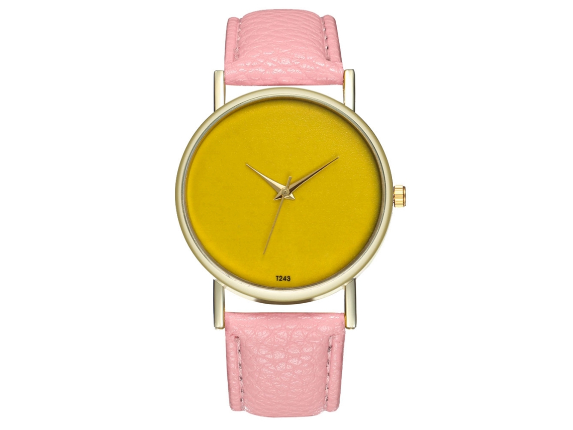 Relógio de pulso de quartzo moderno com pulseira de couro para mulheres e homens (rosa)