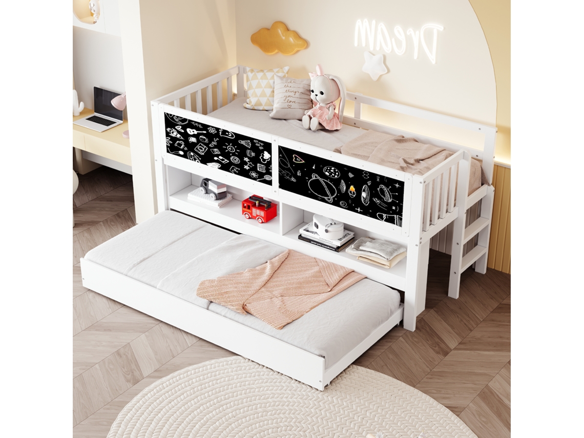 Cama Infantil 90x200 Cm Tipo Casa, Extraível, Quadro De Graffiti, Escada E Armazenamento Aberto, Madeira Maciça, Sem Colchão