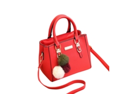 Saco Pu Feminino Estilo Lichia Pingente Pom Pom Grande Capacidade Bolsa Mão Ombro Vermelho