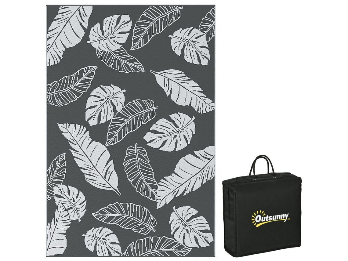 Tapete Exterior Reversível, Impermeável, Folhas, 182x274 Cm, Cinzento E Branco