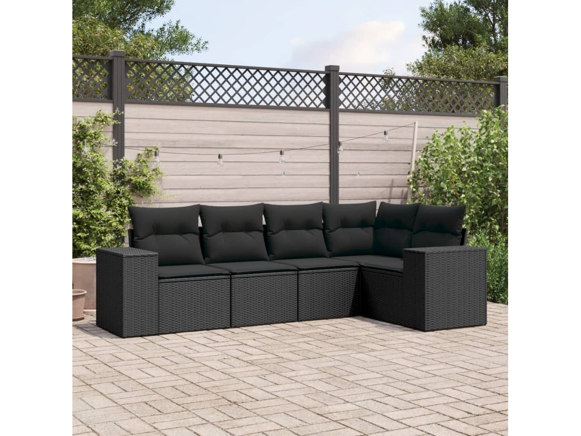 Vidaxl 5 Pcs Conjunto Sofás de Jardim com Almofadões Vime Pe Preto