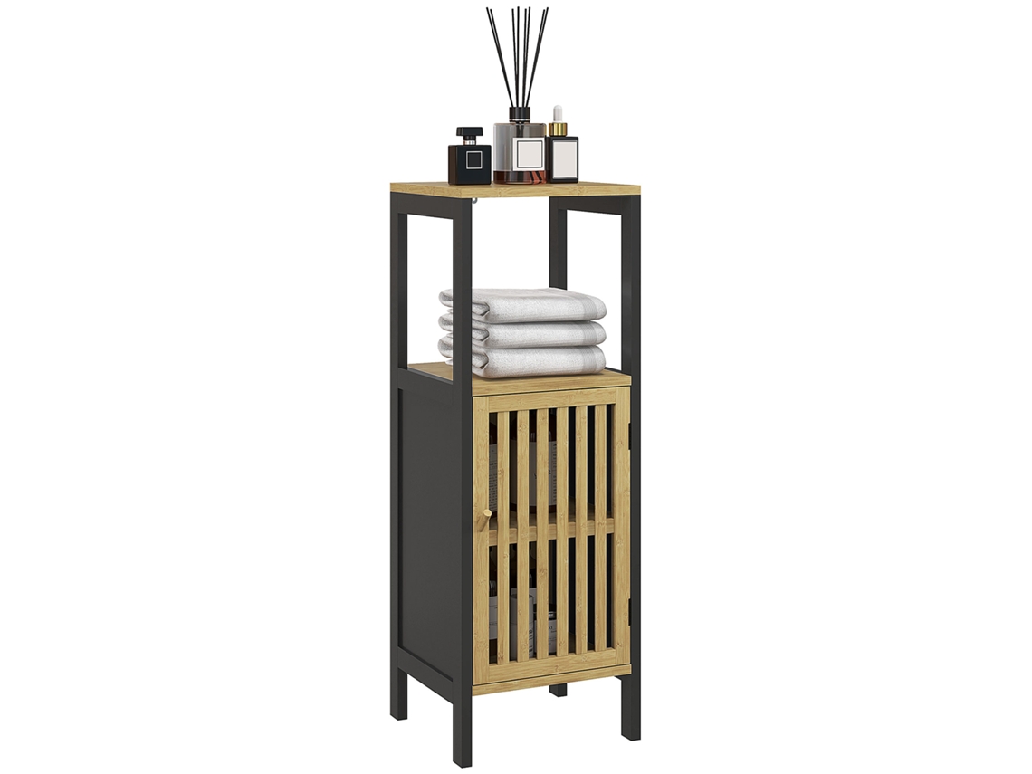 Armário de banheiro com prateleira e portas abertas em MDF e Bambu 32x30x90,5 Cm Preto | S/MARCA
