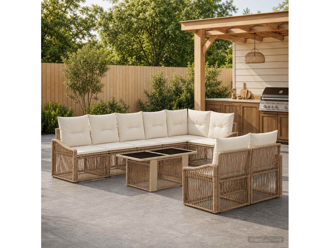 Vidaxl Conjunto De Sofá De Jardim 9 Unid. Bege E Branco Creme Vime Pe