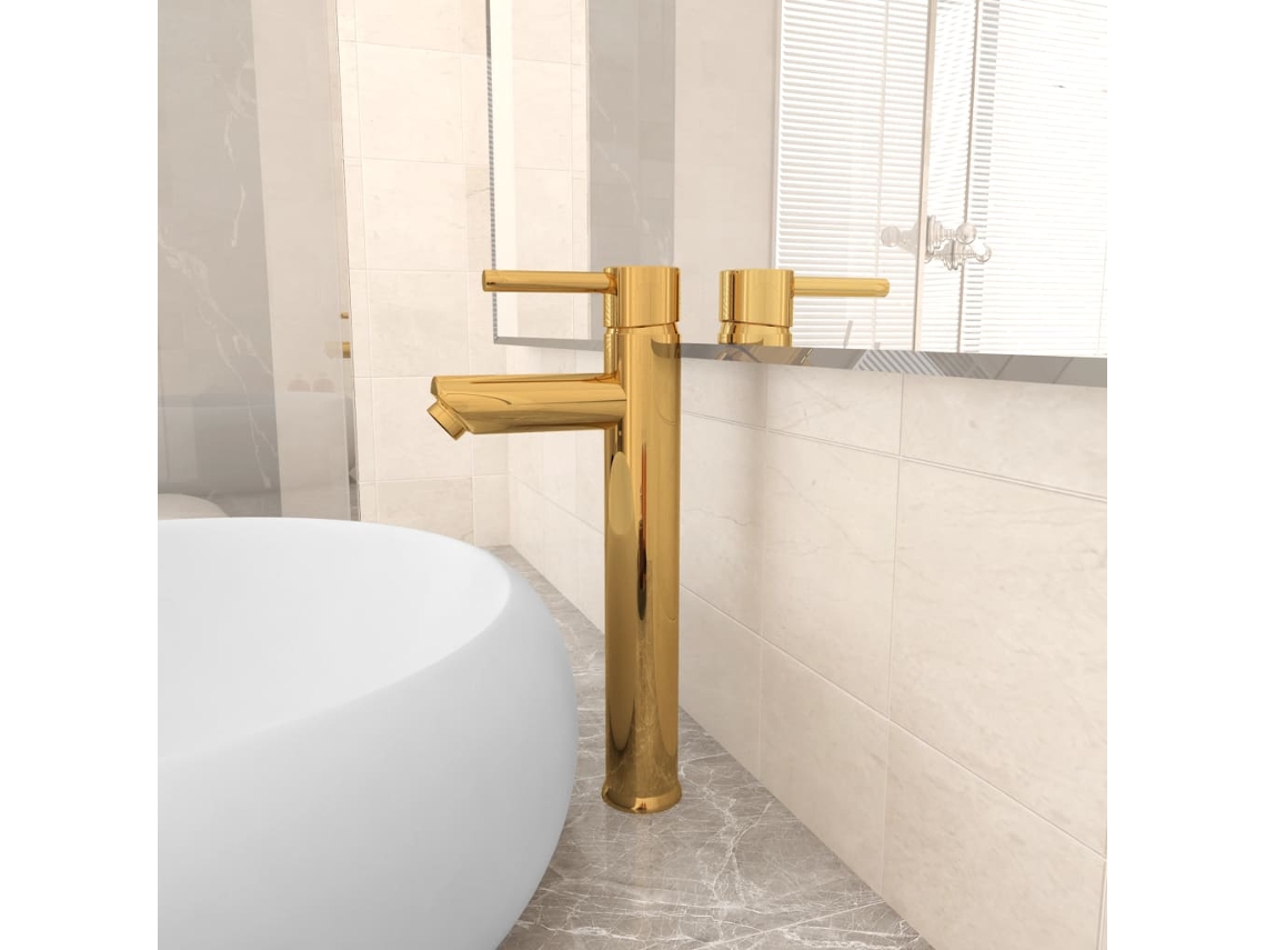 Vidaxl Torneira Misturadora Para Casa De Banho 12x30 Cm Dourado
