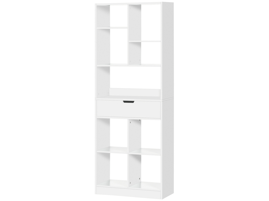 Estante de Madeira Estante para Livros com 1 Gaveta e 9 Compartimentos de Armazenamento Livraria 60x26x158cm Branco ORBITRA COMMERCE