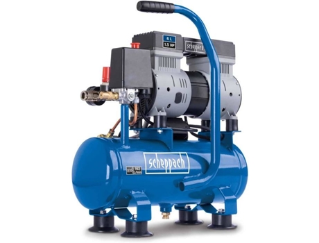 Compressores ultrassilenciosos Scheppach HC08SI, tanque de 8 bar, 6 L, 1,5 HP, 1100 W, sem óleo, baixa manutenção, fluxo de sucção de 162 L/min, guia S