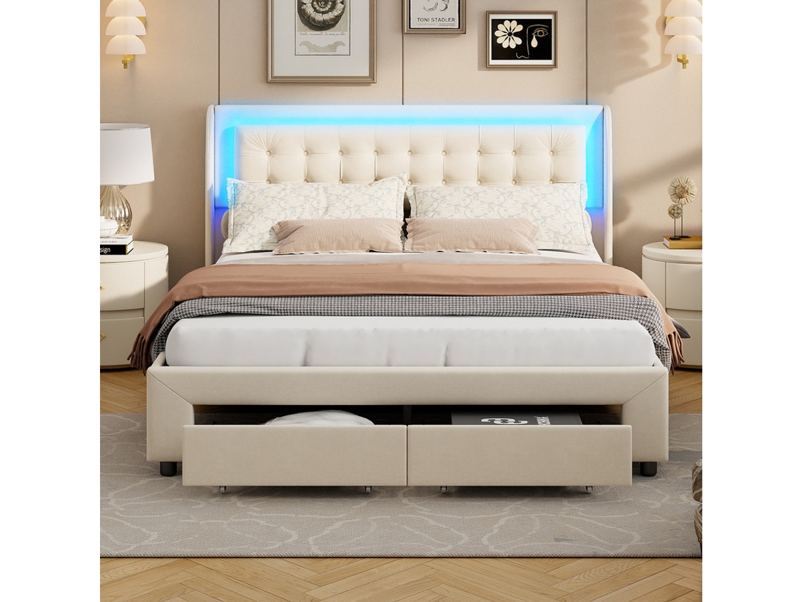 Cama De Casal Grande Com Armazenamento Hidráulico E Led, 180x200cm, Armazenamento Duplo + Cabeceira Em Veludo Bege, Fita Led Rgb, Estilo Nórdico