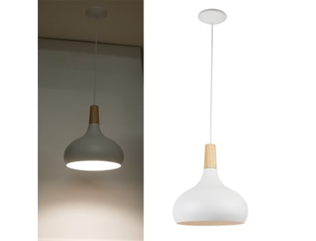 Luminária Pendente De Metal Branco E Madeira Estilo Nórdico Para Sala De Estar E Jantar E27 Ø26cm Alpinaluz