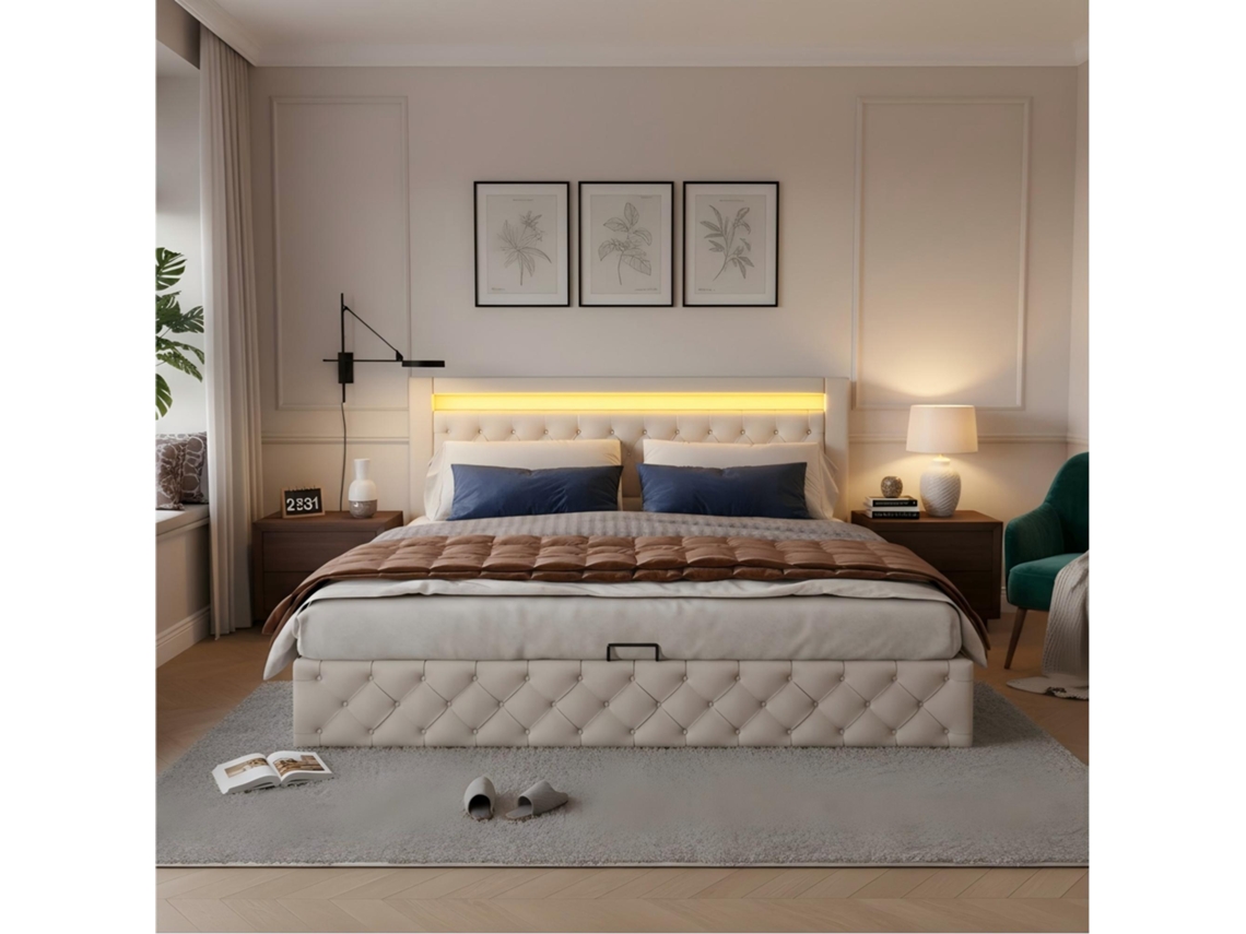 Cama Box Estofada 140x190 Cm Com Baú Hidráulico E Luz Led, Estrado Incluído, Material Pu Branco