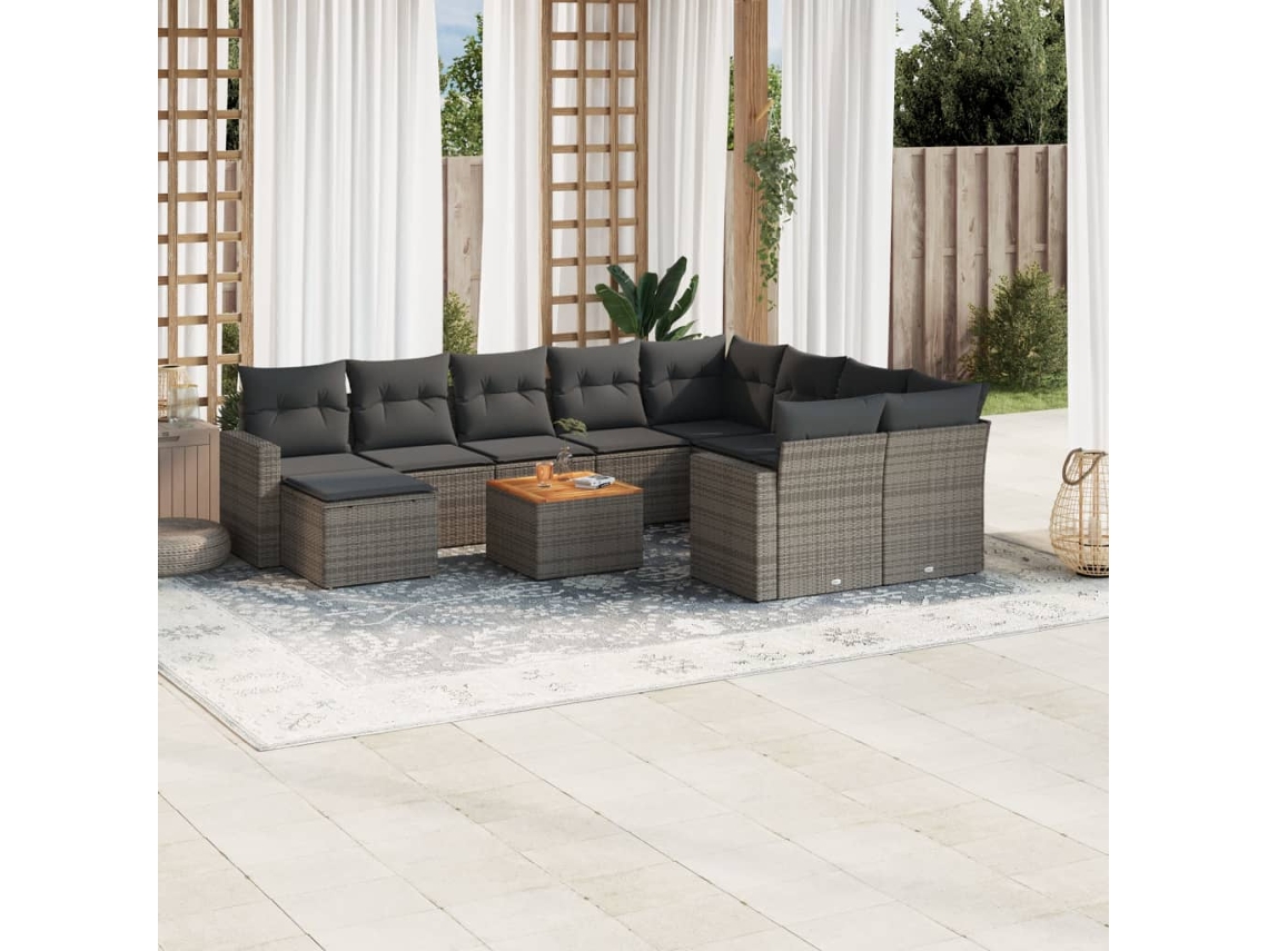 Vidaxl 11 Pcs Conjunto Sofás De Jardim C/ Almofadões Vime Pe Cinzento